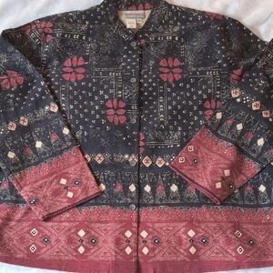 Coldwater Creek Floral Patterned Jacket in Black, Tan and Red Excellent Conditio